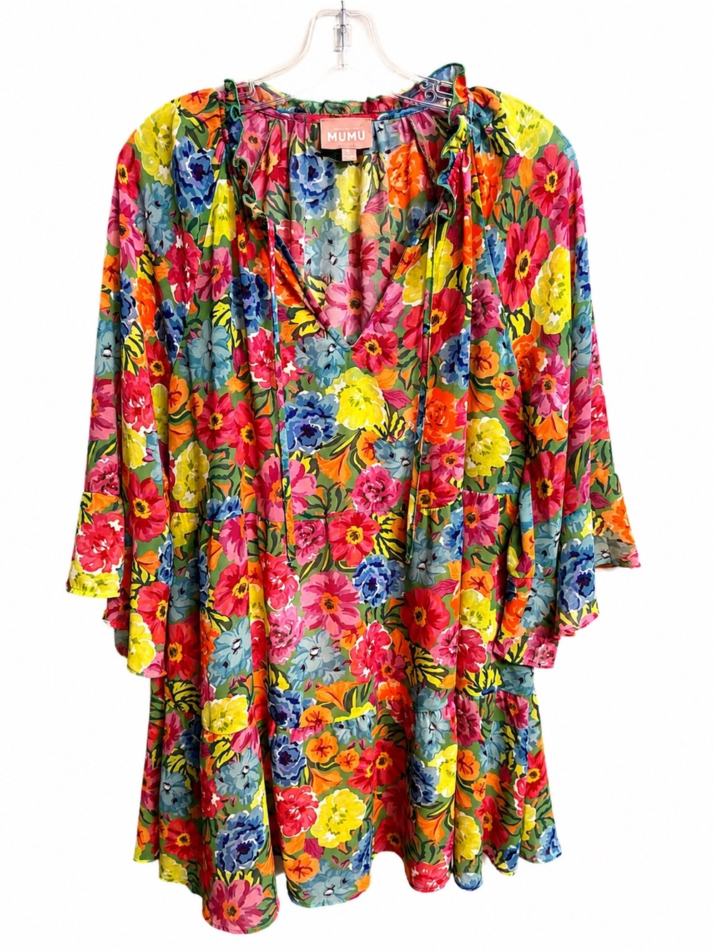 Show Me Your MUMU Floral Mini Dress Size S Boho Bell Sleeve Ruffle Multicolor - Picture 4 of 6